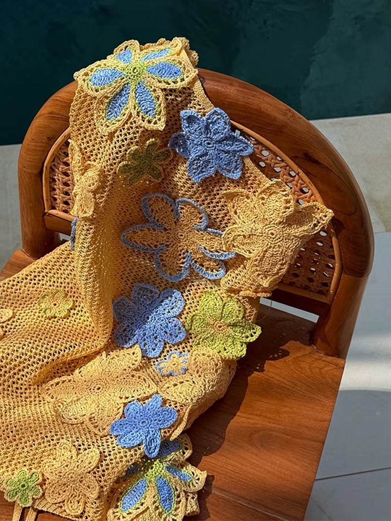 Colorful Flowers Embroidery Crochet Knitted Mini Dress Women Hollow Out Strap Backless Sleeveless Dresses Street Vacation Party