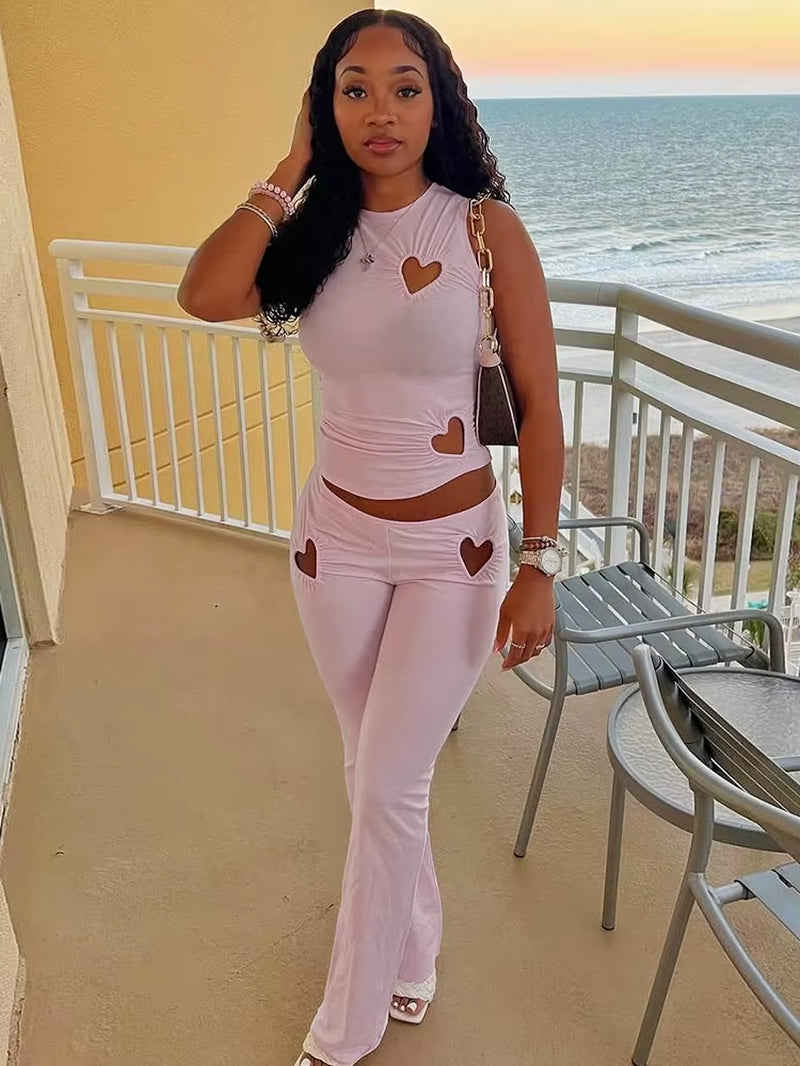 Heart Hollow Women 2 Piece Set Summer New Casual Sleeveless O-Neck Vests+High Waist Skinny Pants Female Basic Streetwear