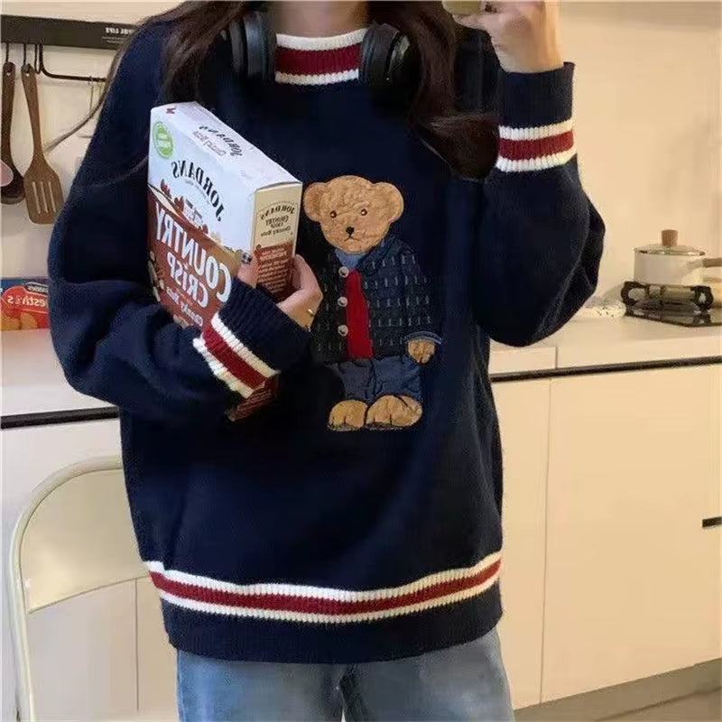 2024 Autumn Winter Women'S Vest Japanese Style Cartoon Bear Pullover Vest Sweater Oversize Harajuku Kawaii Clothes Knitted Vest