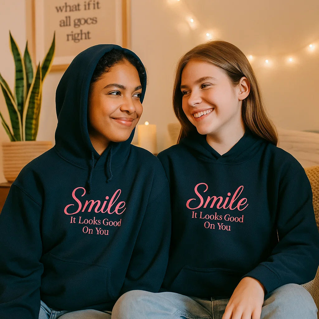 Smile It Looks Good On You Embroidered Hoodie – Navy