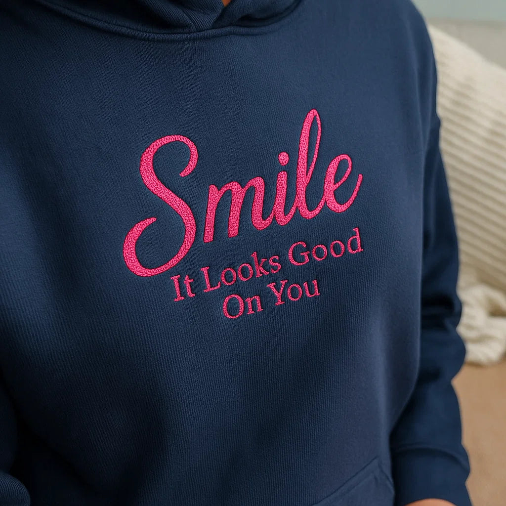 Smile It Looks Good On You Embroidered Hoodie – Navy
