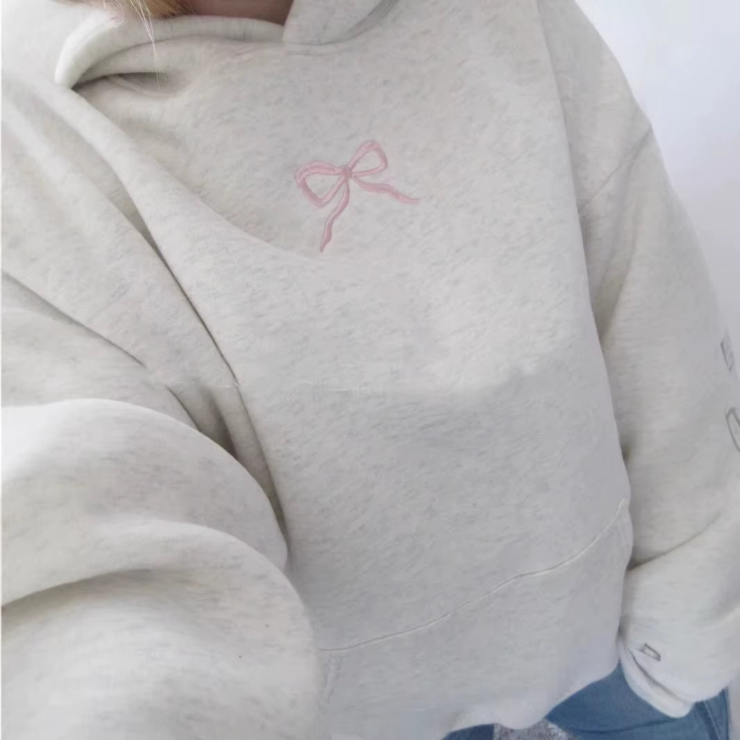 Women'S Pink Bow Decor Hoodie Sweet Casual Fall Winter Hoodie Cozy Warm Women'S Fashion Fullover Women Clothing