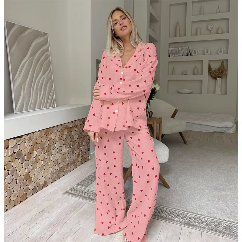 Summer New Love Heart Print Pyjama 100% Cotton Long Sleeve Set 2Pcs Outfit Lapel Sleepwear Button down Women'S Pajamas Nightwear