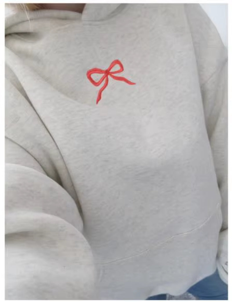 Women'S Pink Bow Decor Hoodie Sweet Casual Fall Winter Hoodie Cozy Warm Women'S Fashion Fullover Women Clothing