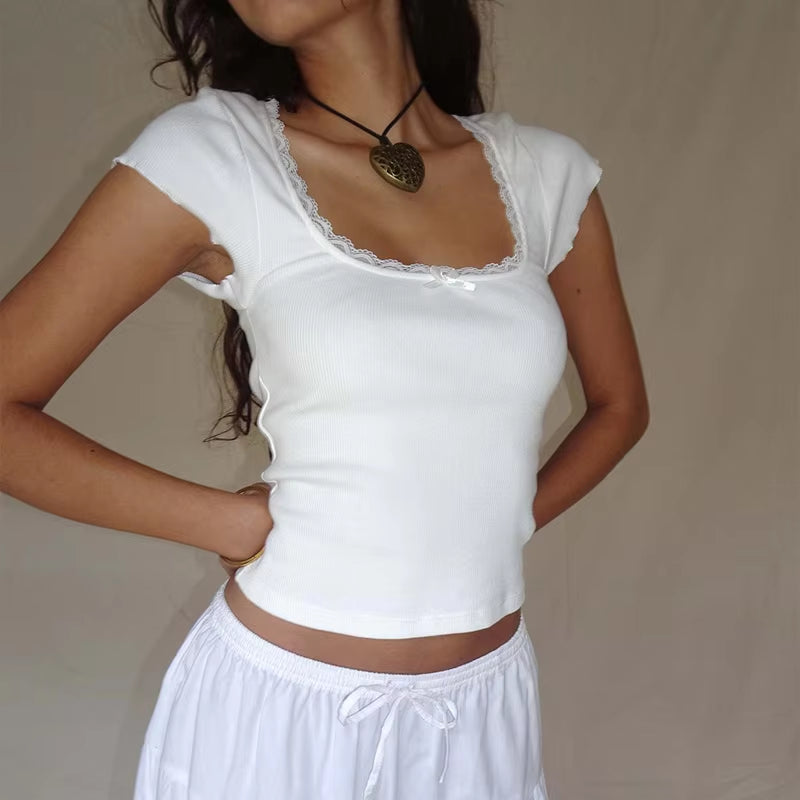 Y2K Vintage Baby Tee Cottage Lace Trim Knitted T-Shirt Summer Square Neck Short Sleeve Tee Shirt Women White Milkmaid Crop Top
