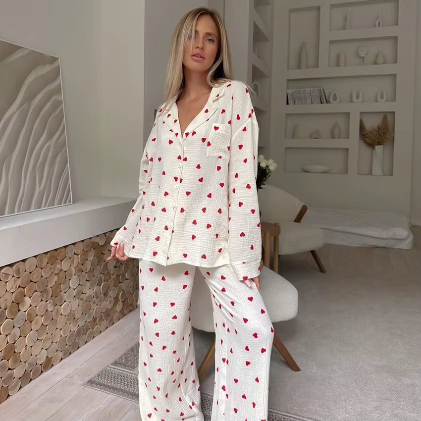 Summer New Love Heart Print Pyjama 100% Cotton Long Sleeve Set 2Pcs Outfit Lapel Sleepwear Button down Women'S Pajamas Nightwear
