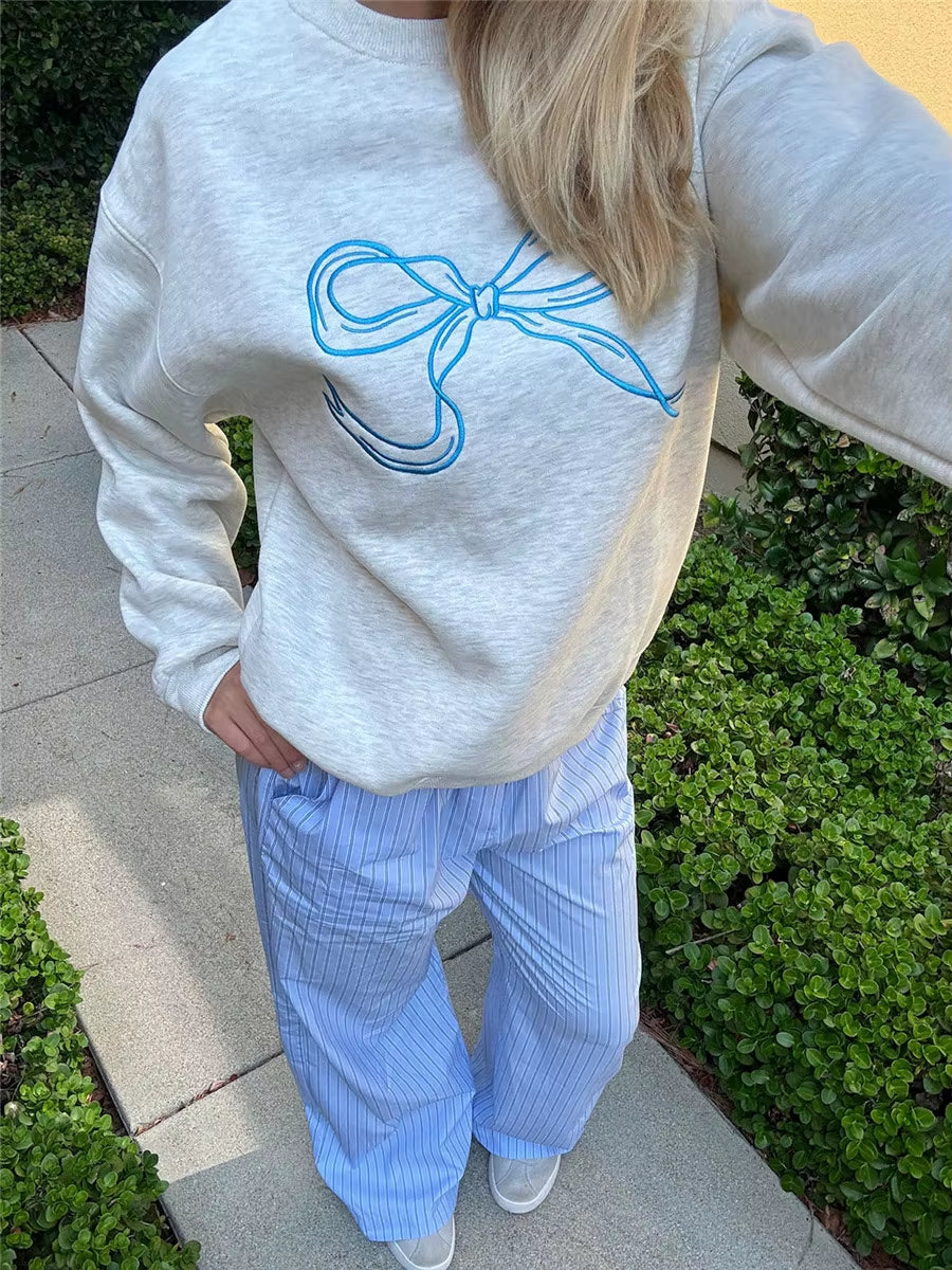 Cute Pink Bow Prints Hoodie for Women Fall Casual Loose round Neck Long Sleeve Sweatshirts Female Spring Pullovers Tops Coat Y2K