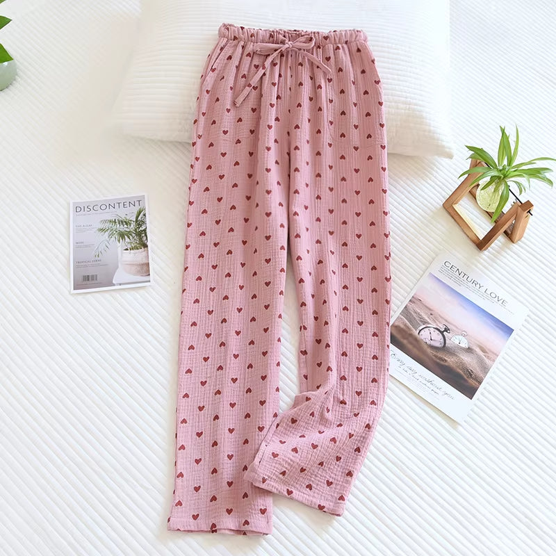 Cotton Pajama Pants Woman Love Print Trousers Double Layer Gauze Home Trousers Casual Simple Ladies Sleeping Pants Loose Lace-Up