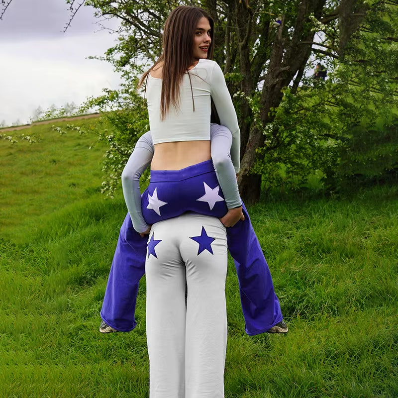 Women'S High-Elasticity Star Print Straight Leg Casual Pants Color Blocking Sports Embroidery Spring Summer Fashion