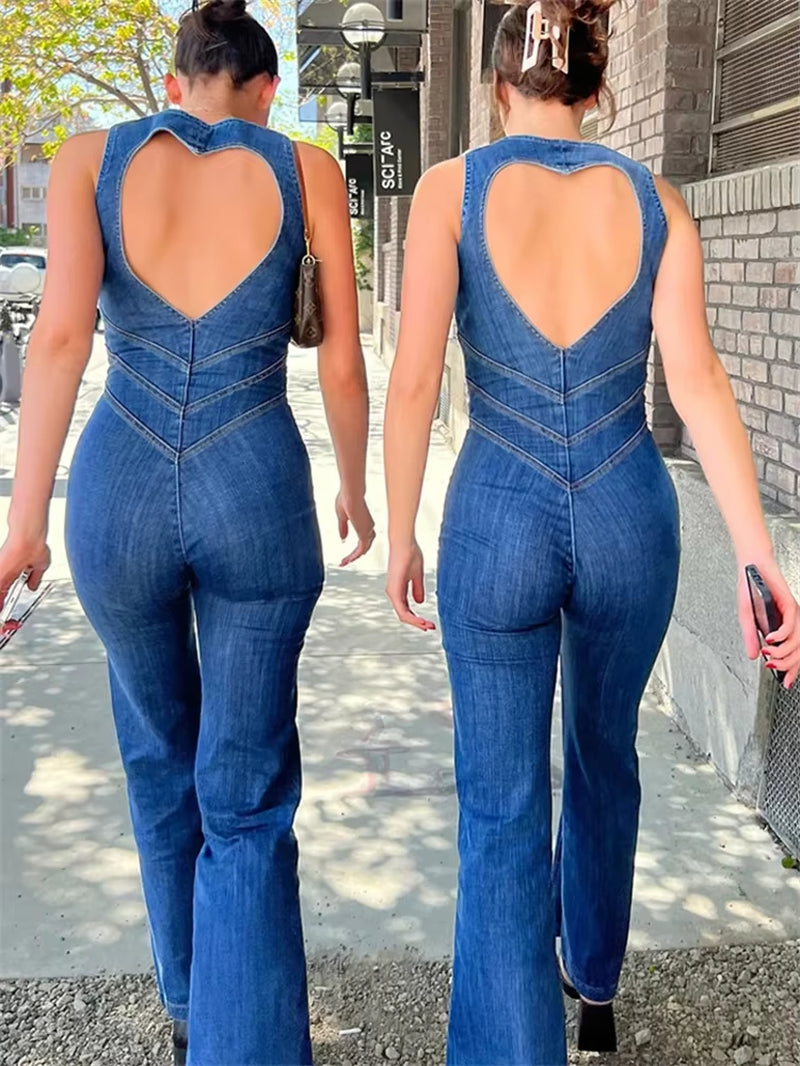 Backless Heart Cutout Bodycon Jumpsuit for Women Casual Sleeveless Slim One-Piece Outfits Retro Denim Jumpsuits New 2025