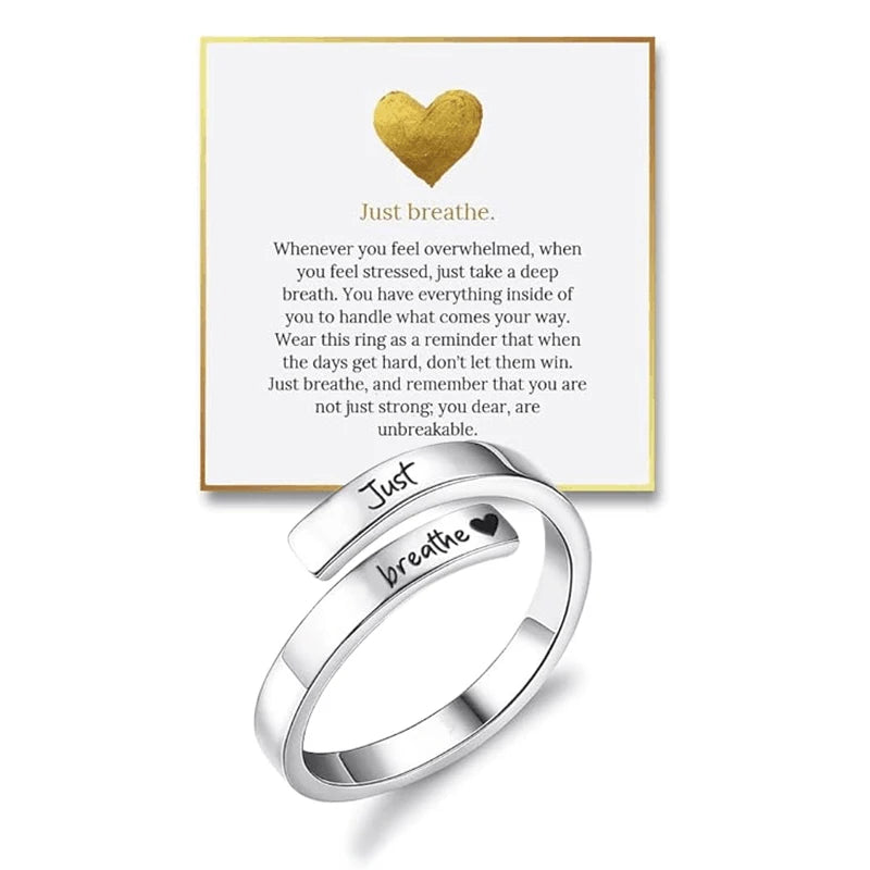 Fashion Stainless Steel Just Breathe Wrap Ring with Inspirational Card Relieve Anxiety Rings for Women