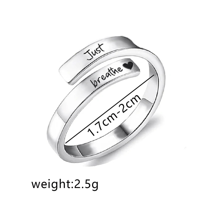 Fashion Stainless Steel Just Breathe Wrap Ring with Inspirational Card Relieve Anxiety Rings for Women