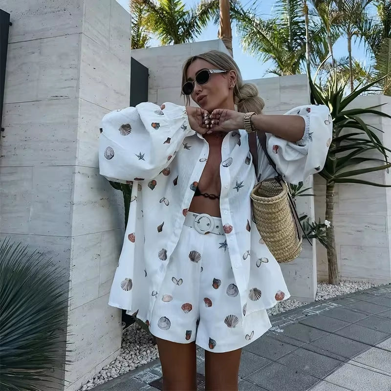Shell Print Shorts Set Women Loose Lapel Lantern Sleeve Single Breasted Shirt Short Pant 2025 Summer Beach 2 Pieces Lady Outfit