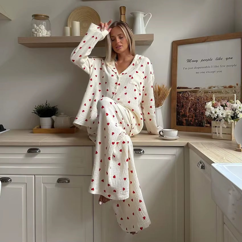 Summer New Love Heart Print Pyjama 100% Cotton Long Sleeve Set 2Pcs Outfit Lapel Sleepwear Button down Women'S Pajamas Nightwear