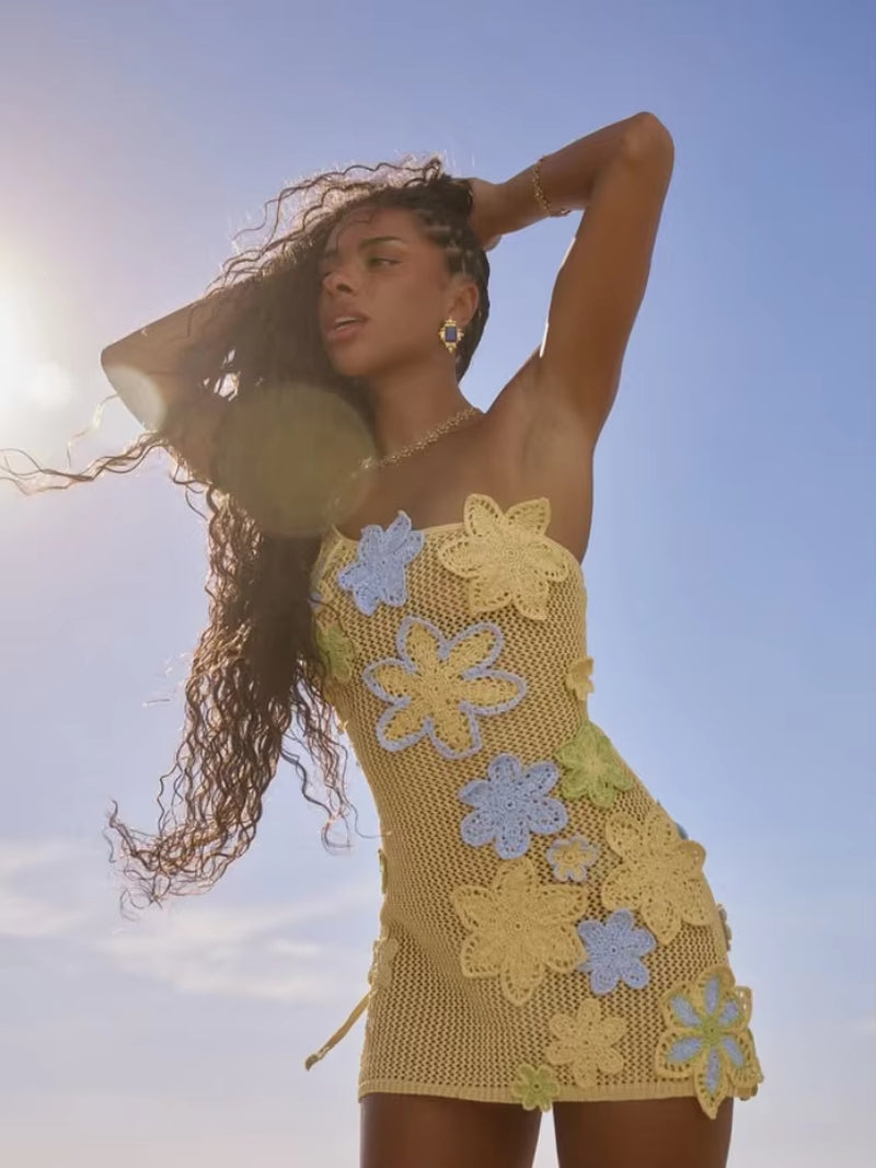 Colorful Flowers Embroidery Crochet Knitted Mini Dress Women Hollow Out Strap Backless Sleeveless Dresses Street Vacation Party
